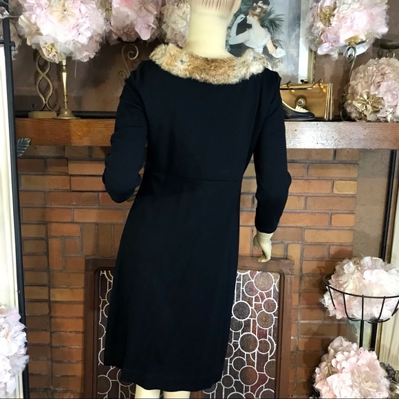 KAREN KANE BLACK KNIT DRESS WITH BROWN RABBIT FUR COLLAR (M) - Picture 2 of 15